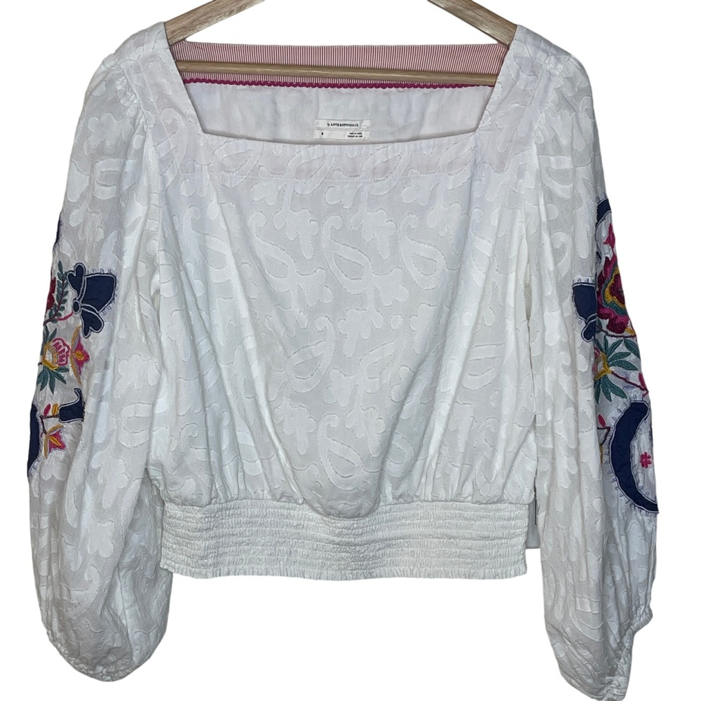 Anthropologie Embroidered Square‎ Neck Long Sleeve Blouse White Women's Size M